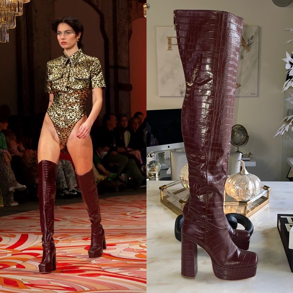 New RARE Alice McCall Discotera Thigh High Croc Embossed Pattern Platform Boots